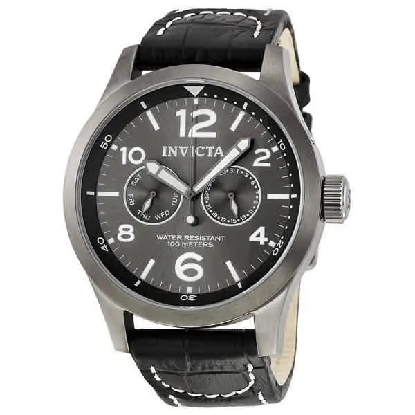 Invicta Specialty Military Grey Dial Black Leather Men`s Watch 10492 - Black / Grey / Gun Metal, Dial: Grey, Band: Black