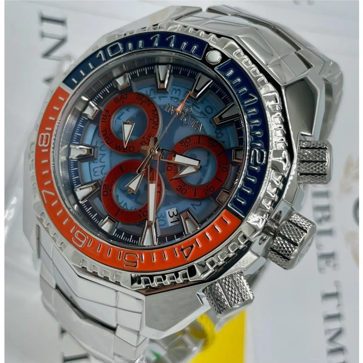 Invicta Akula Swiss Ronda Z60 Caliber Men`s Watch - 55mm Steel 44294 - Dial: Blue, Orange, Band: Silver, Bezel: Blue, Orange