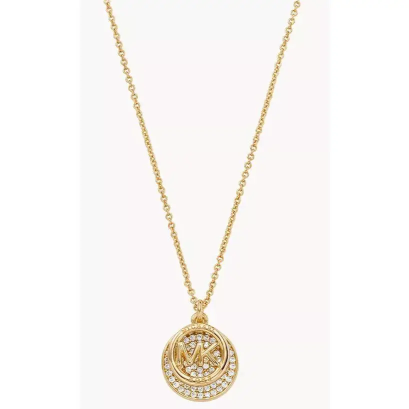 Michael Kors MK Logo 2 Pendants Yellow Gold Necklace Crystals MKJ8009710 +mk Box