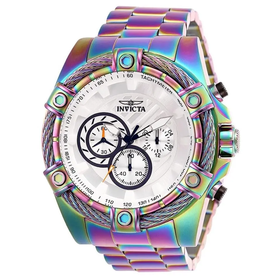 Invicta Bolt Men`s 52mm Iridescent Rainbow White Dial Chronograph Watch 25520 - Dial: Silver, White, Band: Blue, Green, Multicolor, Purple, Bezel: Blue, Green, Multicolor, Purple