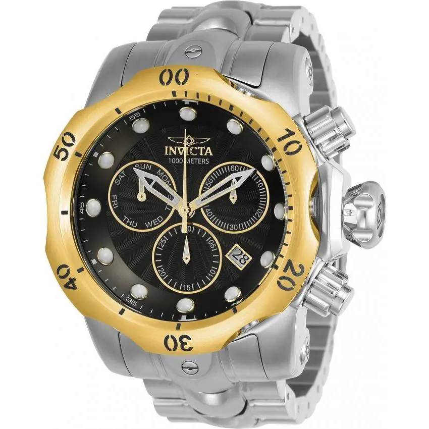 Invicta 23889 Venom Chronograph Black Dial Stainless Steel Men`s Watch - Dial: Black, Band: Silver, Bezel: Gold