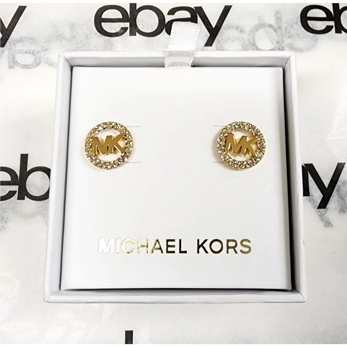 Gold Tone Pave Crystal MK Logo Stud Earrings MKJX73227 by Michael Kors