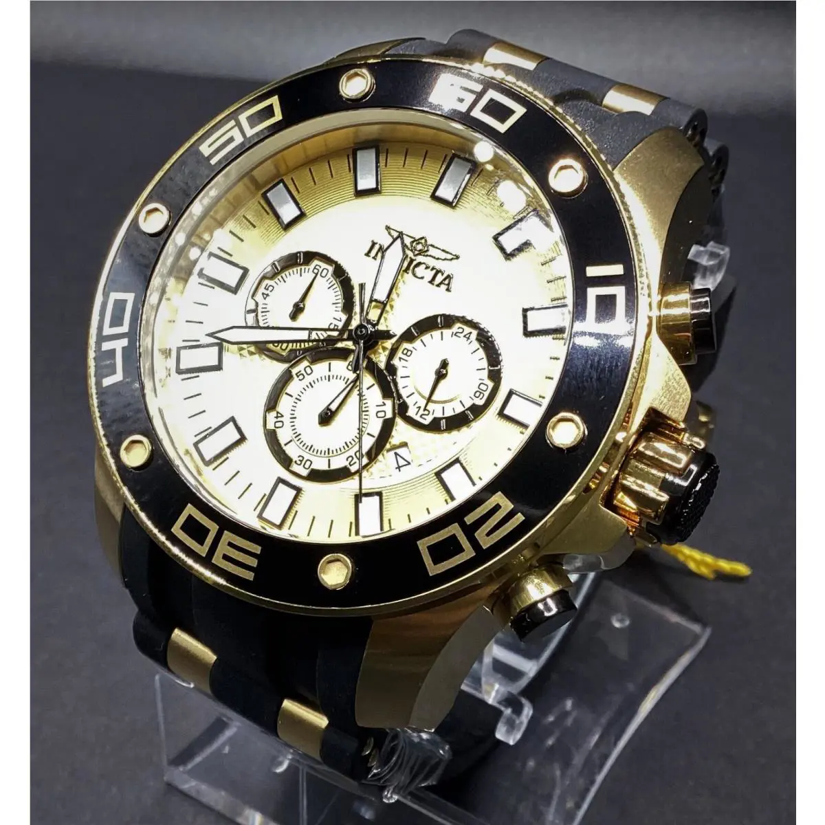 Invicta Men`s 50mm Pro Diver Quartz Chronograph Gold-tone Case Black Strap 26088