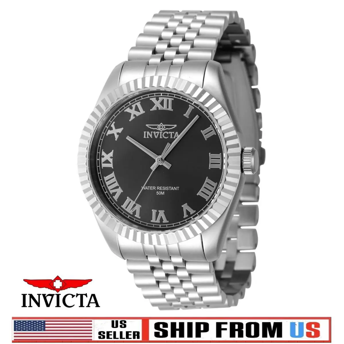 Invicta Specialty Windsor Men`s Black 43mm Steel Quartz Watch - Dial: Black, Band: Silver, Bezel: Black