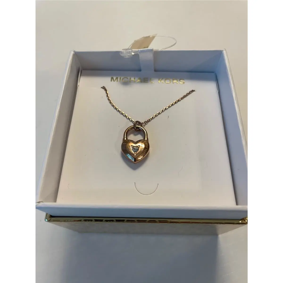 Michael Kors MKJX7445791 Rose Tone Gold Necklace Crystal Chip Heart Padlock