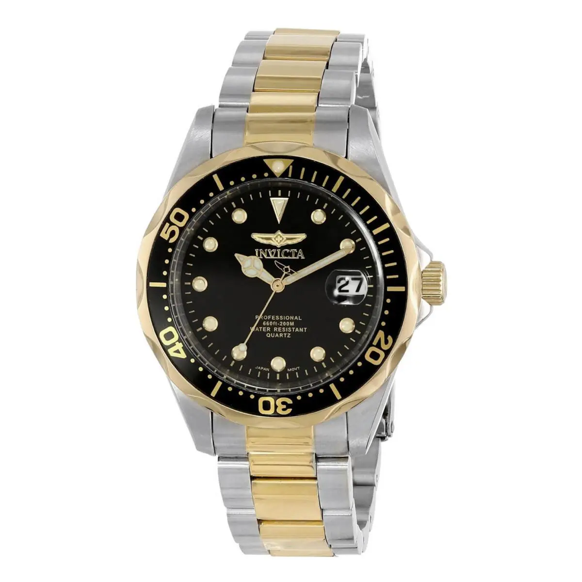 Invicta Men`s Watch Pro Diver Quartz Black Dial Two Tone Bracelet 17049