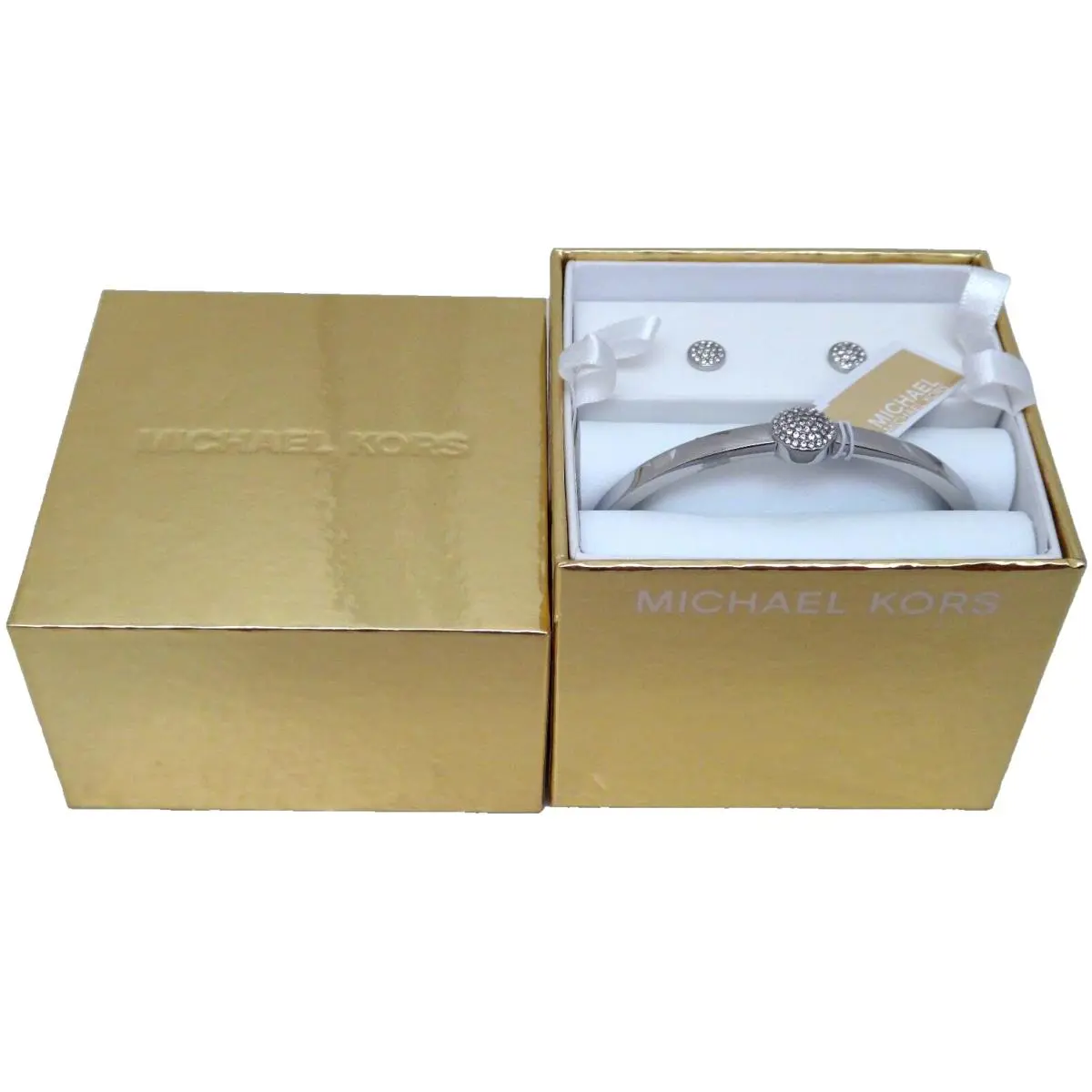 Michael Kors Gift Set Silver Bangle Bracelet Earrings Crystals MKJ5935040 +box