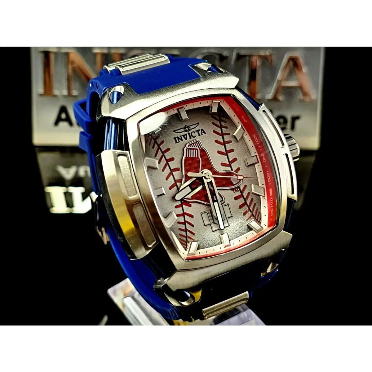 Men`s 53mm Mlb Diablo Tonneau Boston Red Sox Blue Strap SS Watch by Invicta