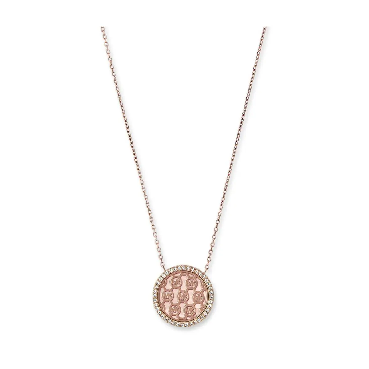 Michael Kors Rose Gold Chain Monogram Mop Crystals Disc Charm Necklace MKJ5372