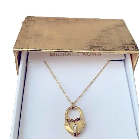 Michael Kors Rose Gold Necklace Crystal Chip Heart Padlock MKJ7445791 + Gift Box