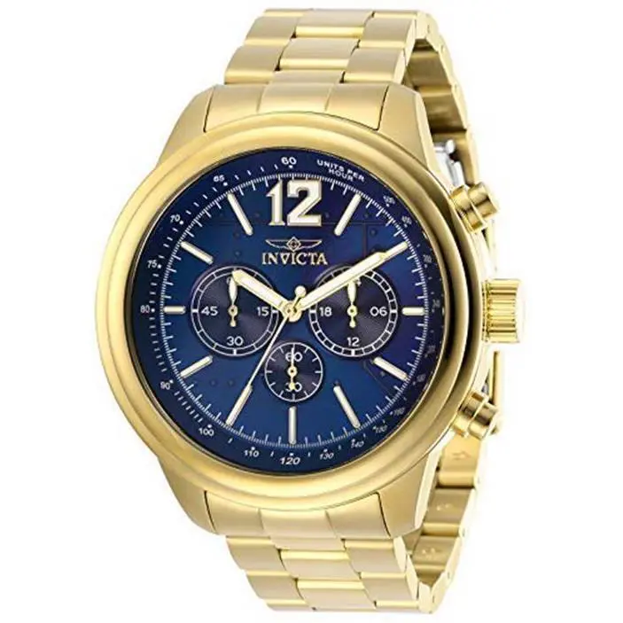 Invicta Aviator Quartz Chronograph Blue Dial Gold Tone Strap Men`s Watch 28896 - Blue, Dial: Blue, Band: Gold