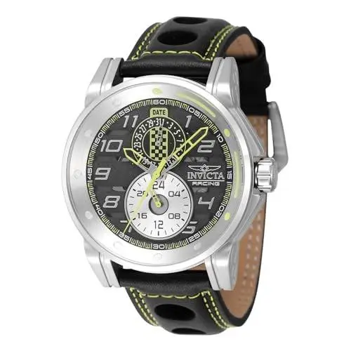 Invicta Mens 47534 Racing Quartz Multifunction Black Light Green Leather Watch - Black, Green, Quartz