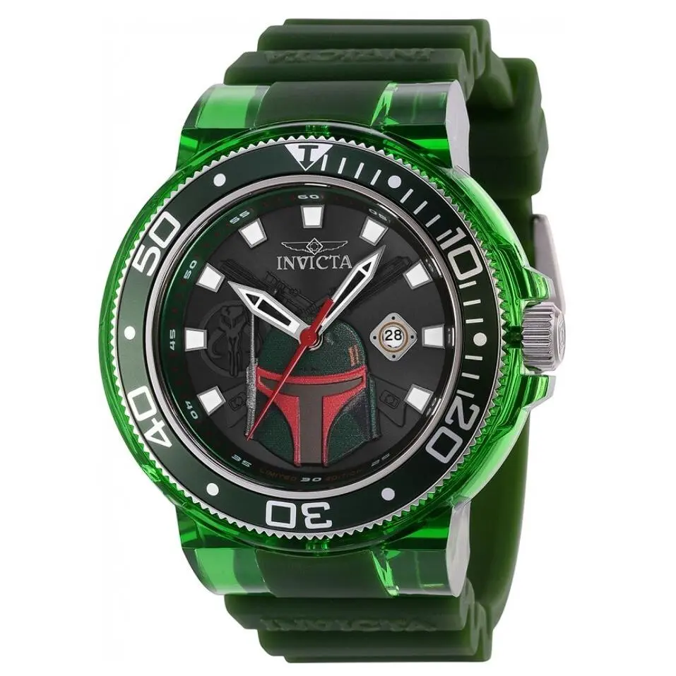 Invicta Star Wars Boba Fett Men`s 52mm Anatomic Limited Ed Quartz Watch 39708 - Dial: Black, Gray, Multicolor, Red, Band: Green, Bezel: Black, Silver