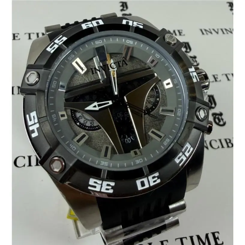 Invicta Star Wars Mandalorian Men`s Watch - 52mm Steel Black 34990 Limited Ed - Dial: Black, Gray, Silver, White, Gunmetal, Band: Silver, Black, Bezel: Silver, Gray