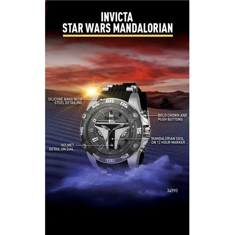 Star Wars Invicta Mandalorian Men`s 52mm Limited Edition Chronograph Watch 34990 - Dial: Black, Gray, Multicolor, Silver, Band: Black, Bezel: Gray, Silver