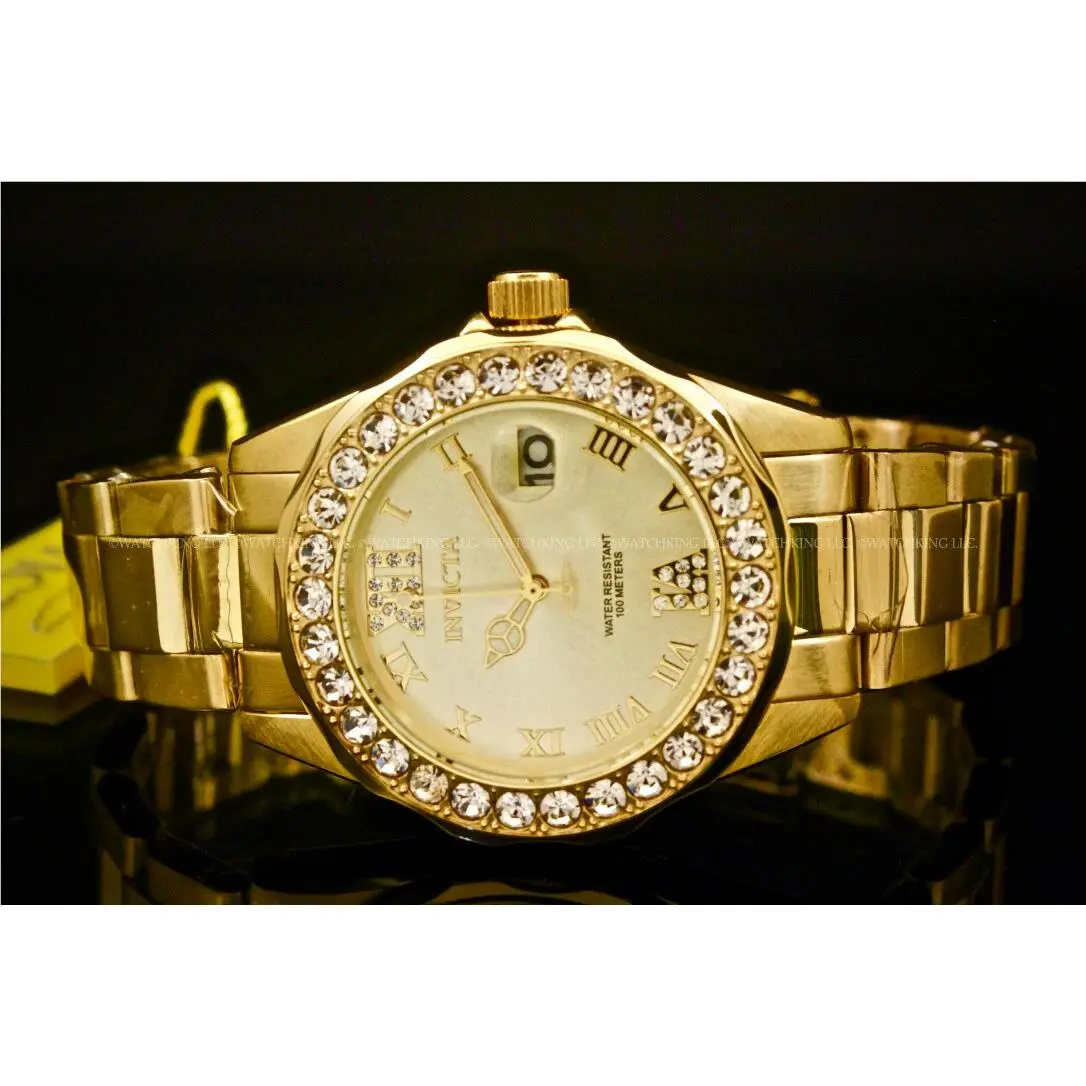 Women Pro Diver 18K Gold Plated Gold Dial Crystal Accent Bracelet Watch by Invicta