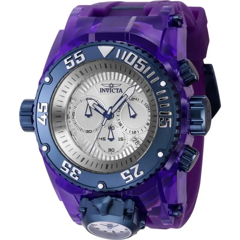 Invicta Men`s Bolt Zeus Magnum Shutter Watch Chronograph Dual Time 52MM 43116 - Dial: Silver, Band: Purple, Bezel: Blue