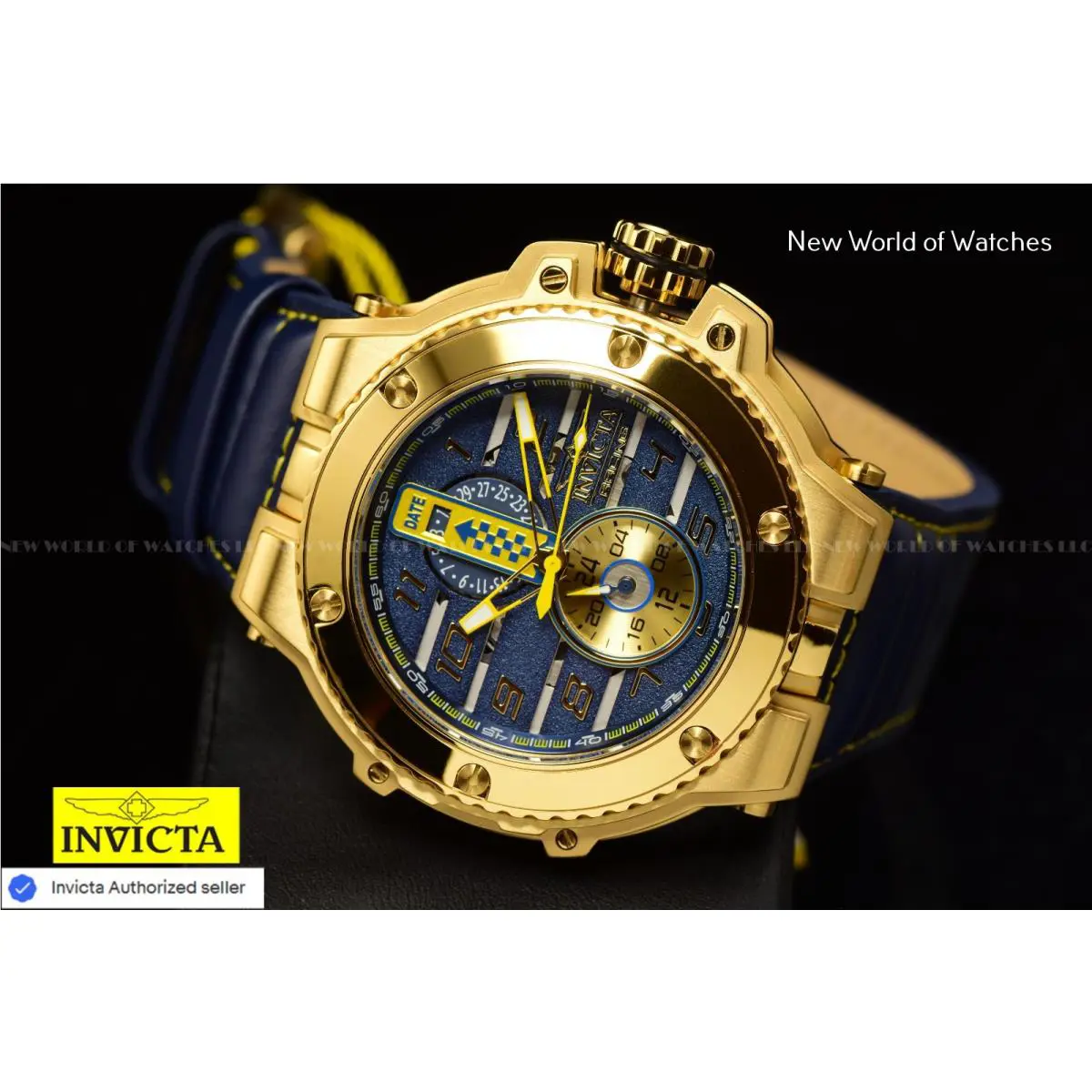 Invicta Racing 49368 Men`s Quartz 44mm Yellow Dial Black Leather Watch - Black, Yellow, Quartz
