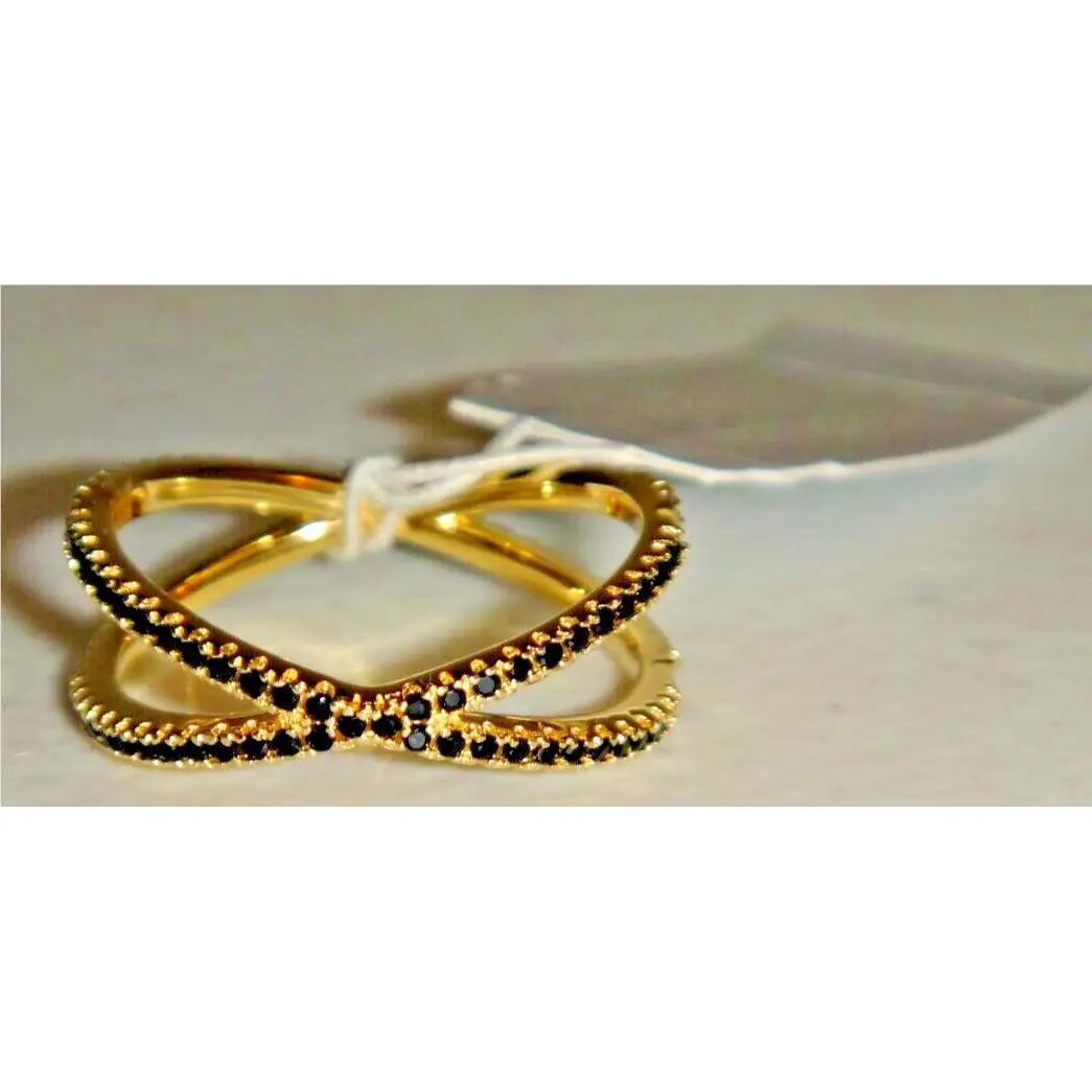 Michael Kors Gold Sterling Silver Nesting Criss Cross Ring Black Crystals Size 8