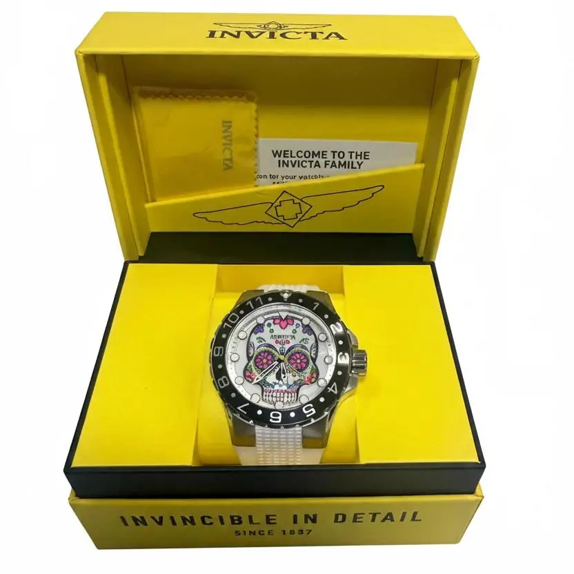 36853 Invicta Aviator Dia De Los Muertos Mop Dial Steel 50mm Candy Skull Watch - Dial: White, Band: White, Bezel: Silver