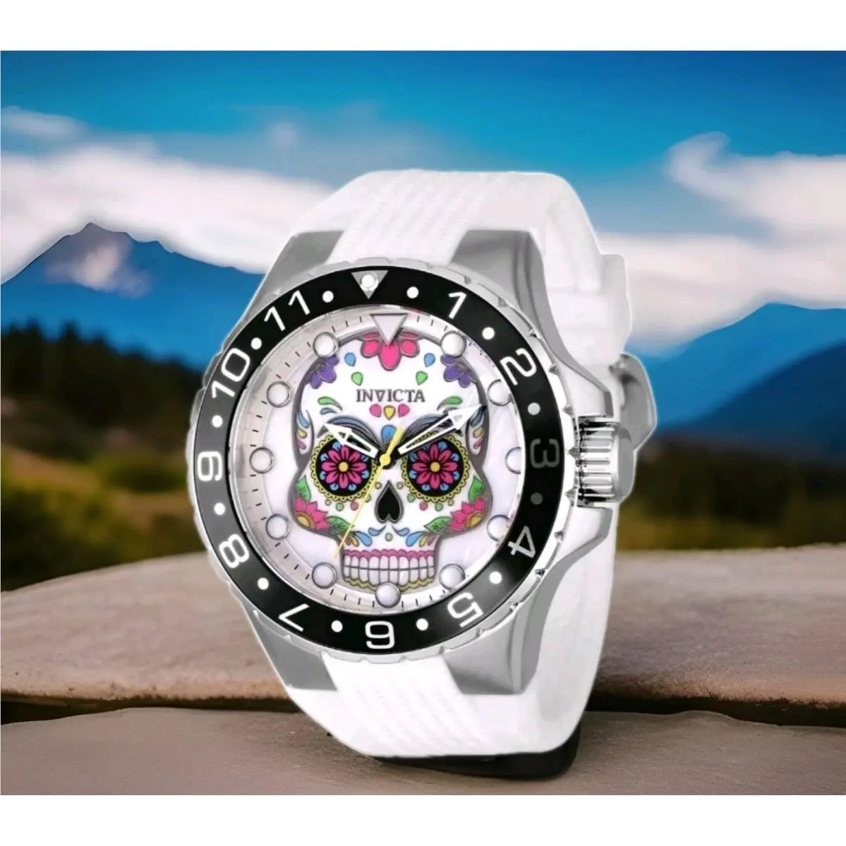 Invicta Men`s 50mm Aviator Dia De Los Muertos Quartz Mop 100m White Strap Watch - Dial: Purple, Green, Yellow, Pink, Silver, Blue, Black, Band: White, Bezel: Red