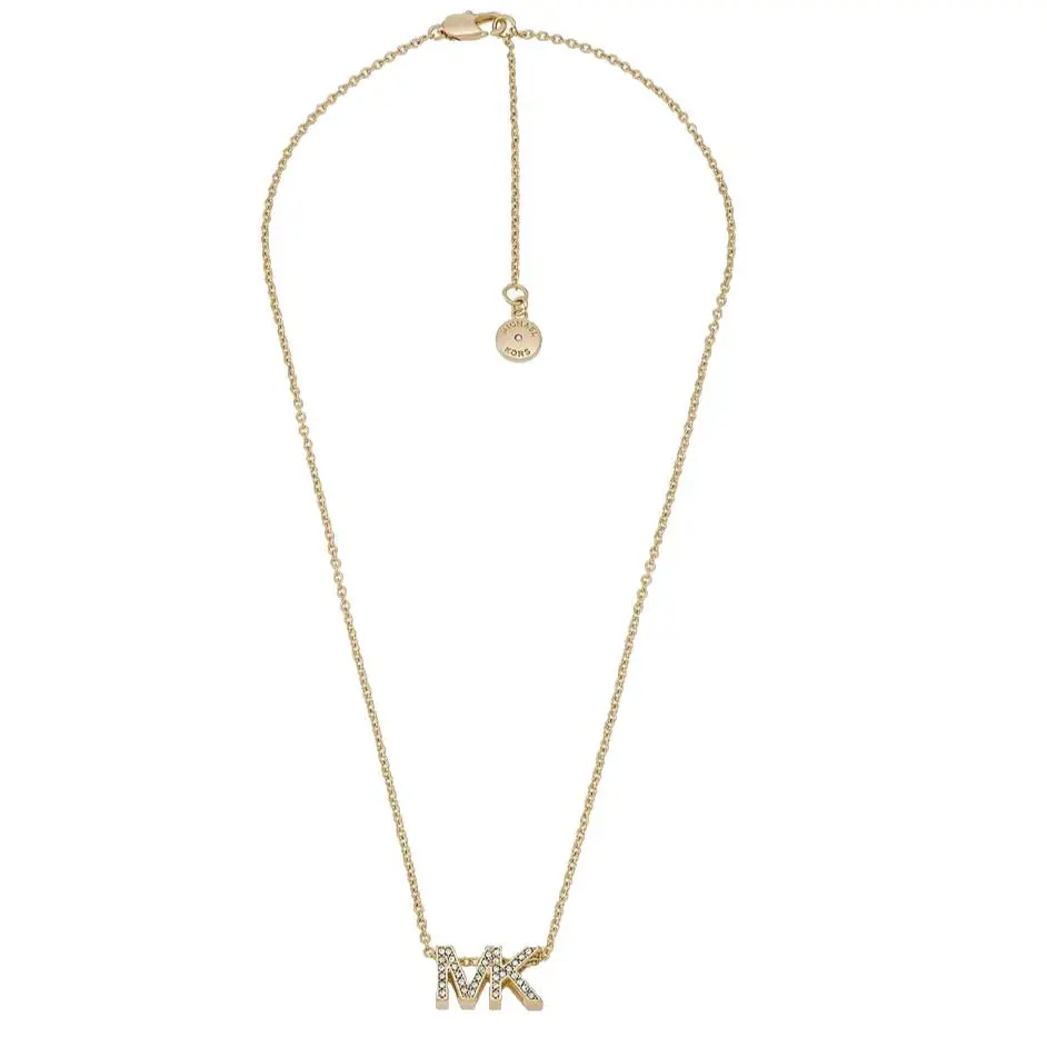 Michael Kors MK Logo Necklace Yellow Gold Brass Crystals Pave MKJ8024710 +mk Box