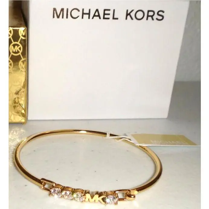 Michael Kors MK Logo Yellow Gold S/ Steel Bracelet 4 Crystals MKJ7316710 +mk Box