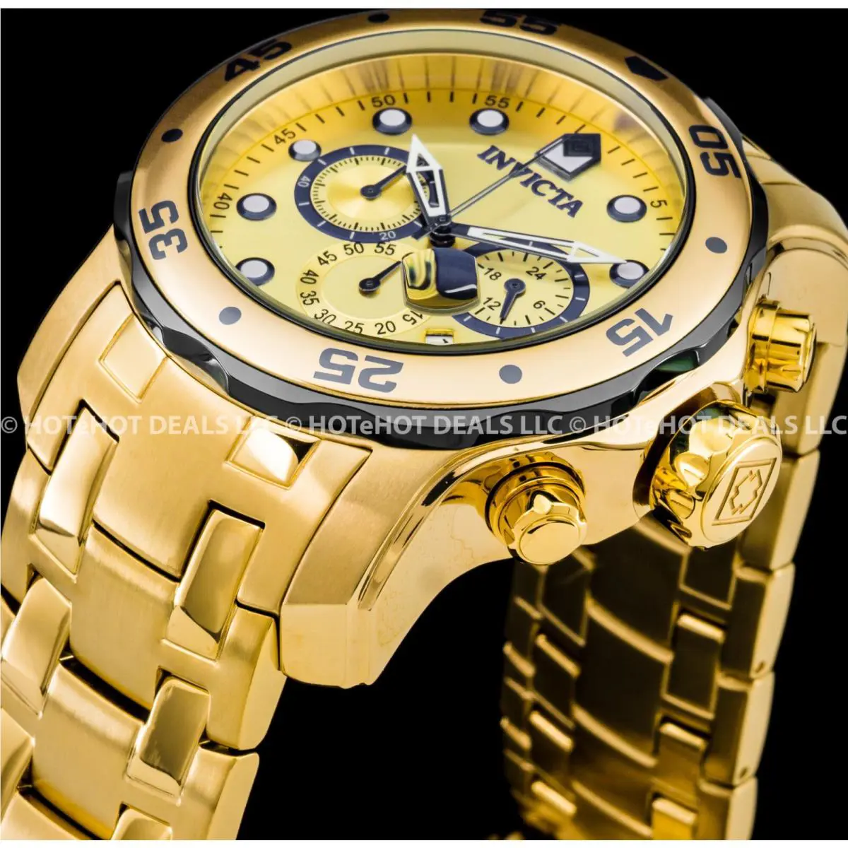 Invicta 48mm Mens Pro Diver Scuba Chronograph Gold Plated SS Bracelet 200M Watch
