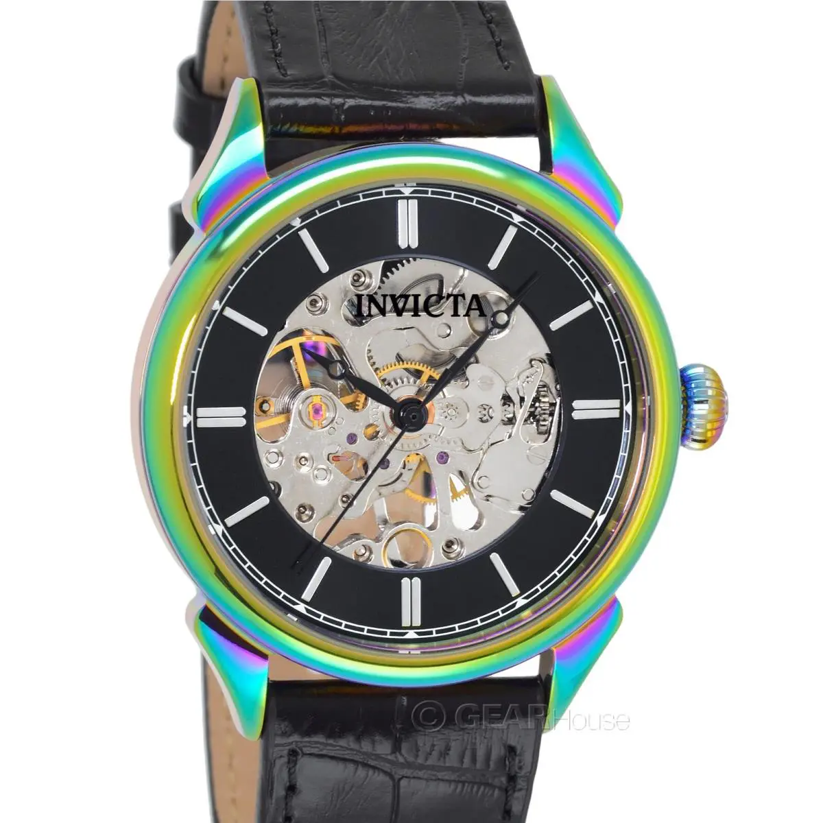Invicta Vintage Series Mens Mechanical Winding Watch Skeleton Dial Black Leather