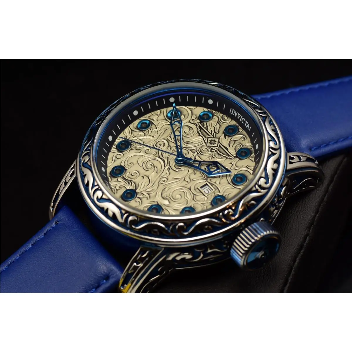 Invicta Vintage Mens Swiss Made Quartz Silver Dial Blue Leather Watch Antique