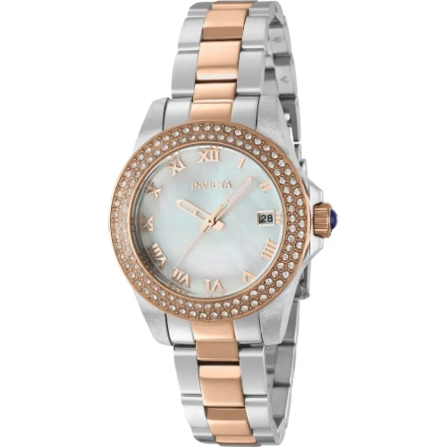 Invicta Angel Quartz White Dial Ladies Watch 36076 - Dial: Mother of Pearl White, Band: Two-tone (Rose Gold and Silver-tone), Bezel: Silver-tone and Rose Gold