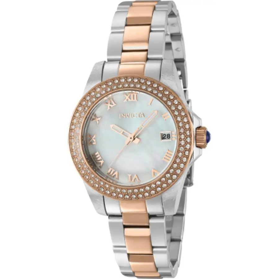 Invicta Angel Quartz White Dial Ladies Watch 36076 - Dial: Mother of Pearl White, Band: Two-tone (Rose Gold and Silver-tone), Bezel: Silver-tone and Rose Gold