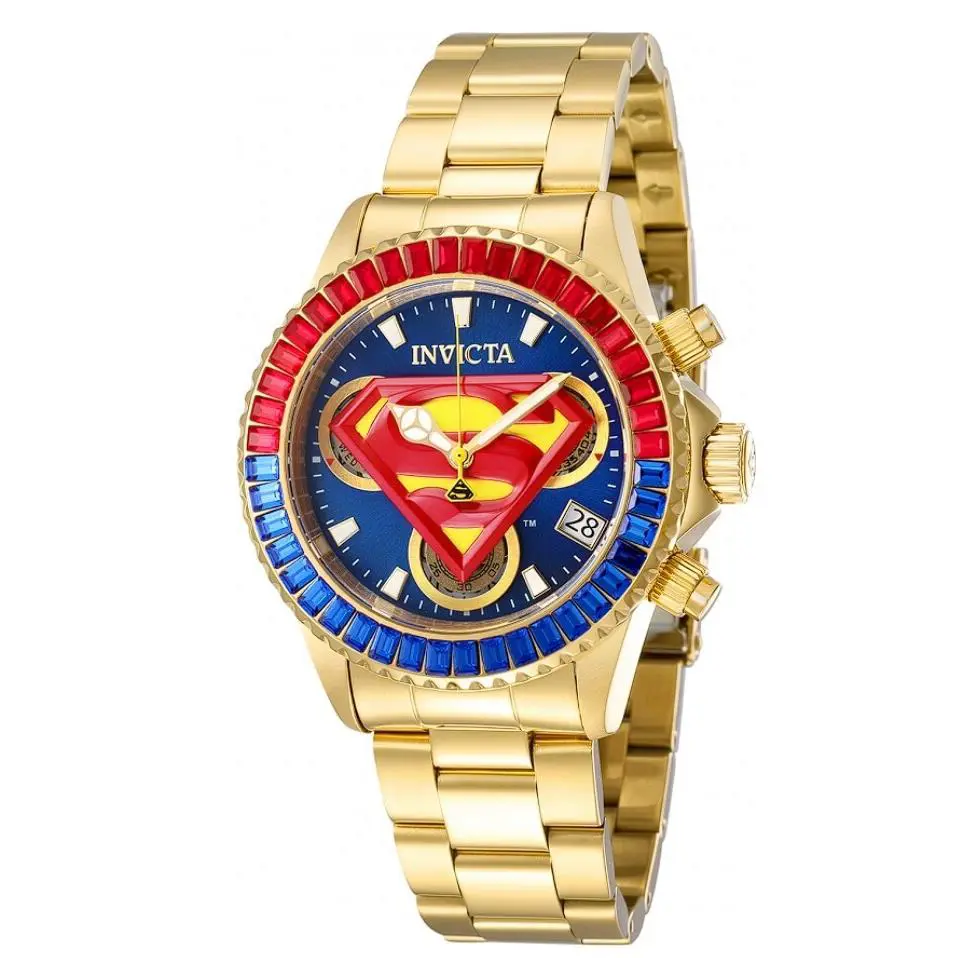 Invicta DC Comics Women`s 40mm Limited Crystals Swiss Chrono Watch 41268 - Dial: Blue, Multicolor, Red, White, Yellow, Band: Gold, Yellow, Bezel: Blue, Gold, Red, Yellow