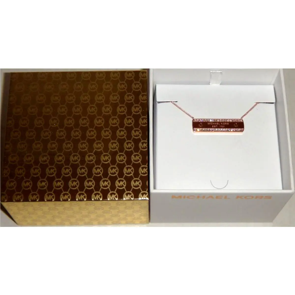 Michael Kors Women`s MK Logo Plaque Rose Gold Necklace Crystals MKJ5961791 + Box
