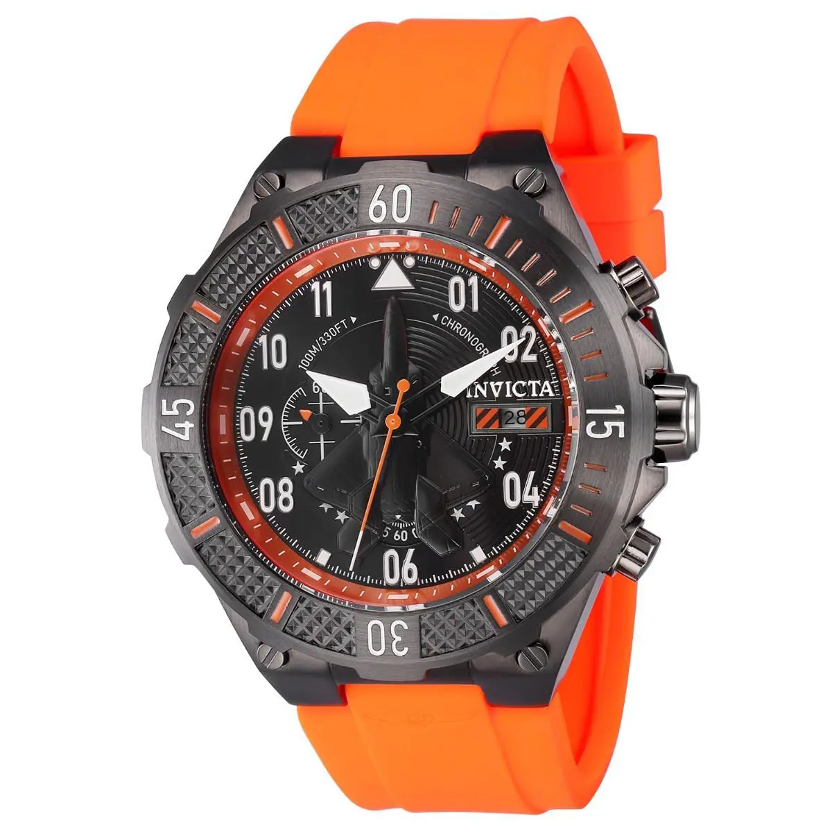 Invicta Men Aviator 50mm Quartz Chronograph Orange/gunmetal Tone Silicone Watch