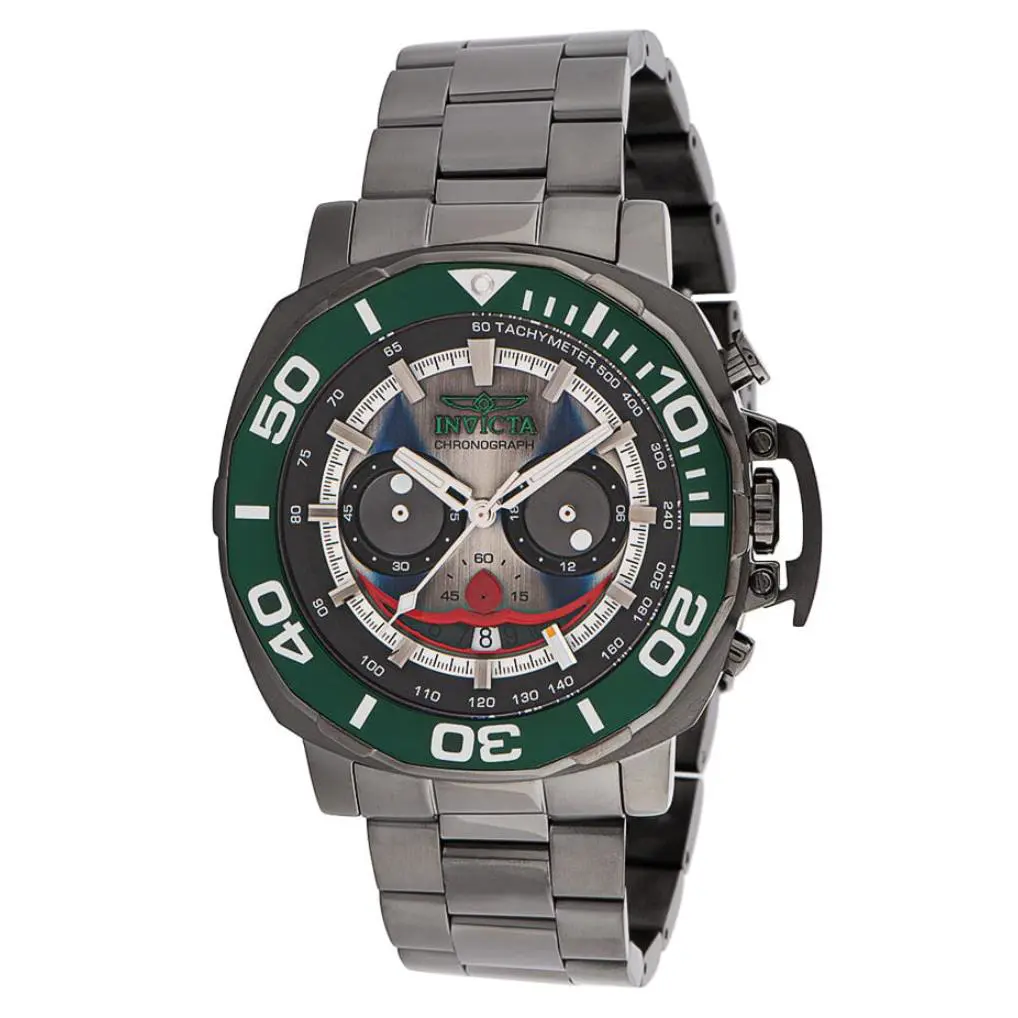 Invicta DC Comics Men`s 48mm Joker Limited Edition Gunmetal Chrono Watch 35074 - Dial: Black, Gray, Multicolor, White, Band: Gray, Gunmetal, Bezel: Green, Silver