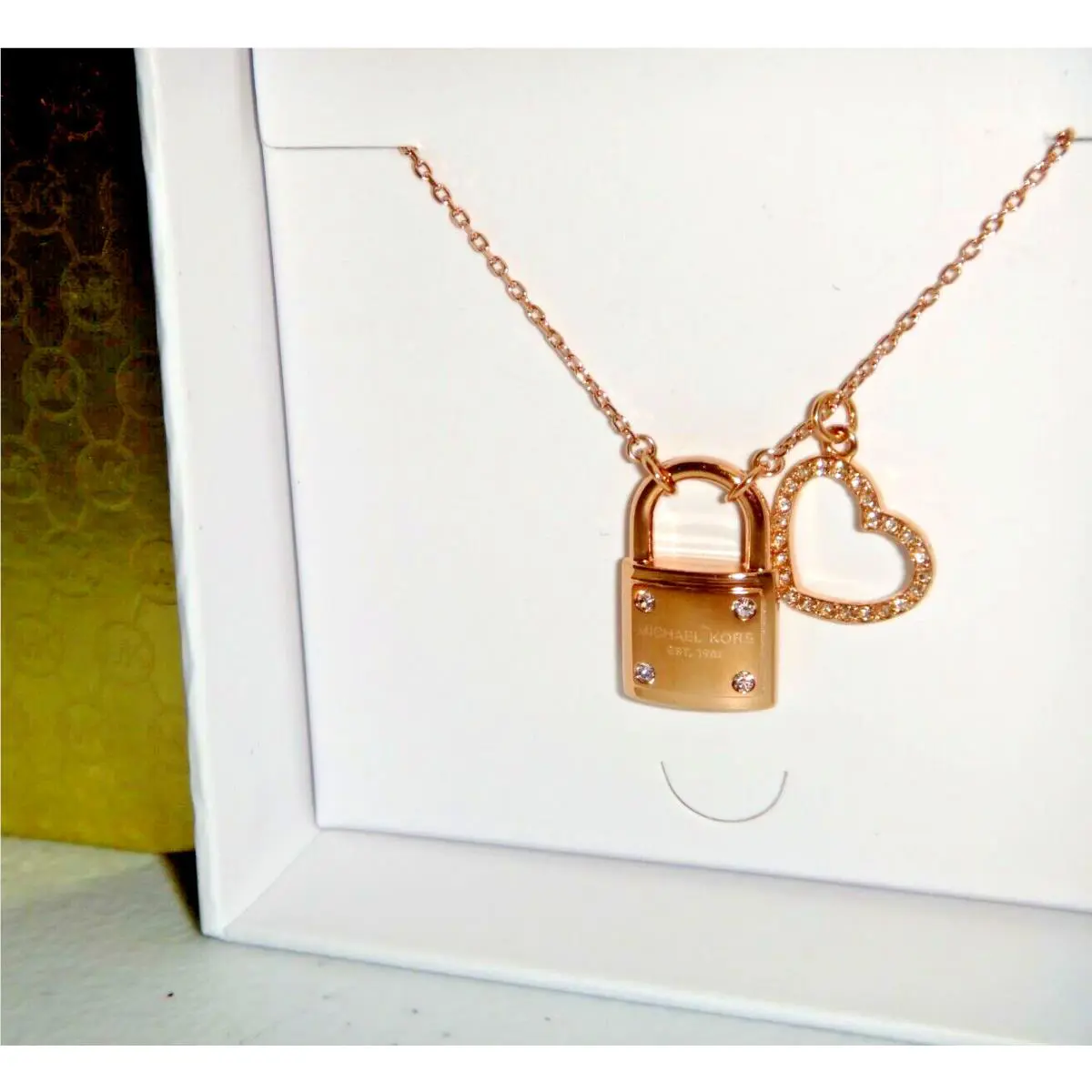 Michael Kors Gold 2-Pendants Necklace Padlock Heart Crystals MKJ7398710 + MK Box