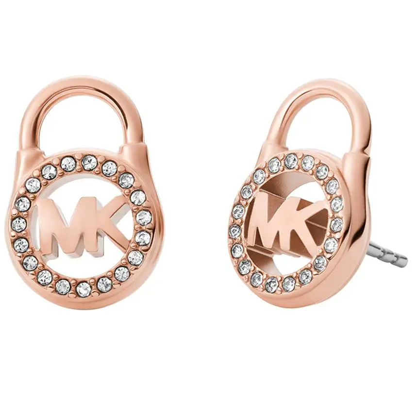 Michael Kors Rose Gold MK Logo Padlock Stud Earrings Crystals MKJ7412791 +mk Box