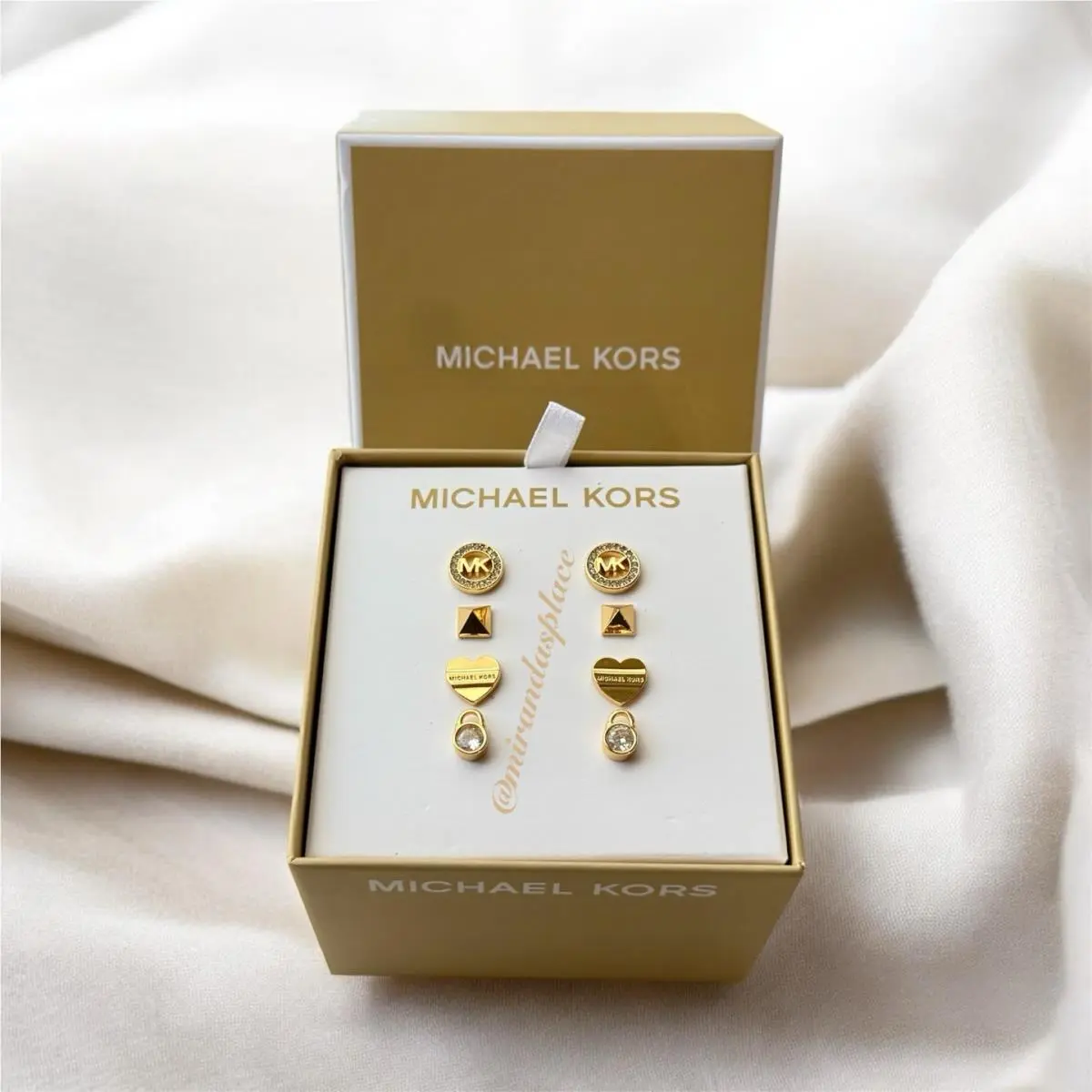 Gold-tone MK Crystal Logo/heart/padlock Stud 4 Set Earrings by Michael Kors