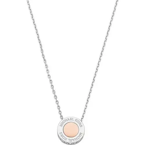Michael Kors 2 Tone Rose Gold Silver Tone Disc Chain Logo Pendant Necklace