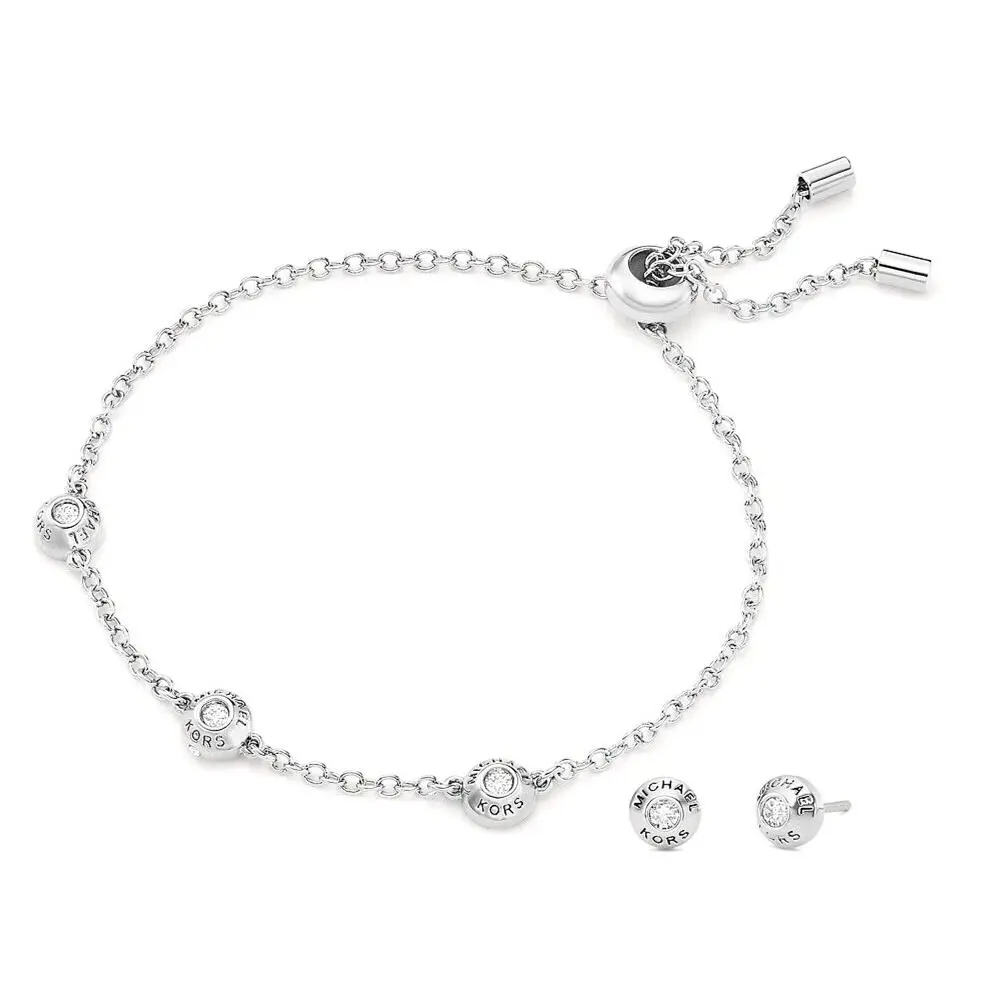 Michael Kors Gift Set Silver Slider Bracelet Earrings Crystals MKJ7931040 +box