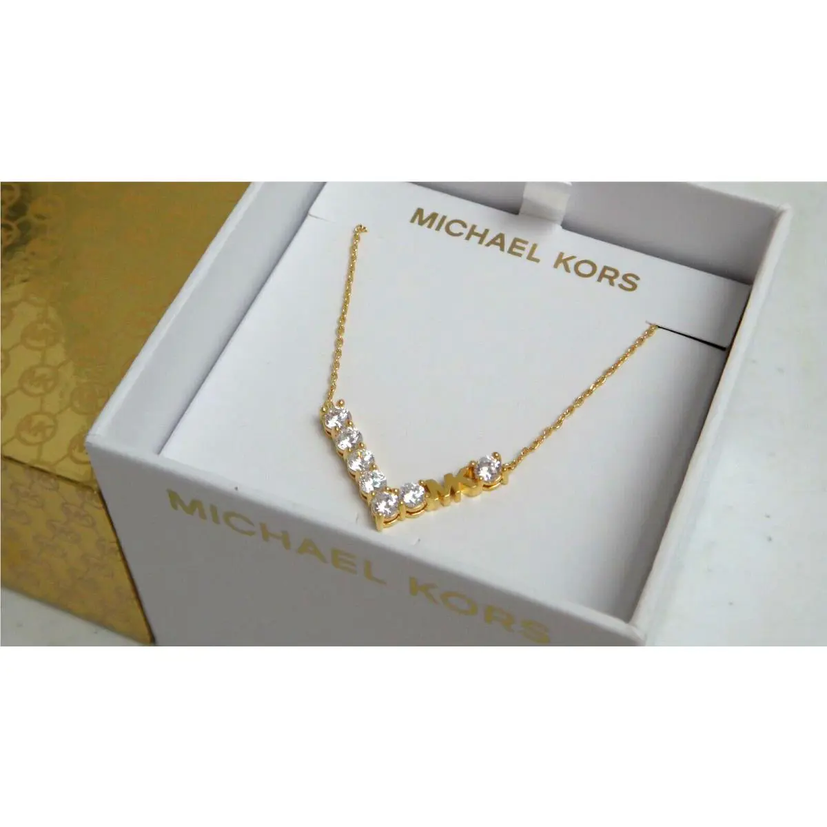 Michael Kors Yellow Gold MK Logo Necklace 7 Single Crystals MKJ7313710 + MK Box