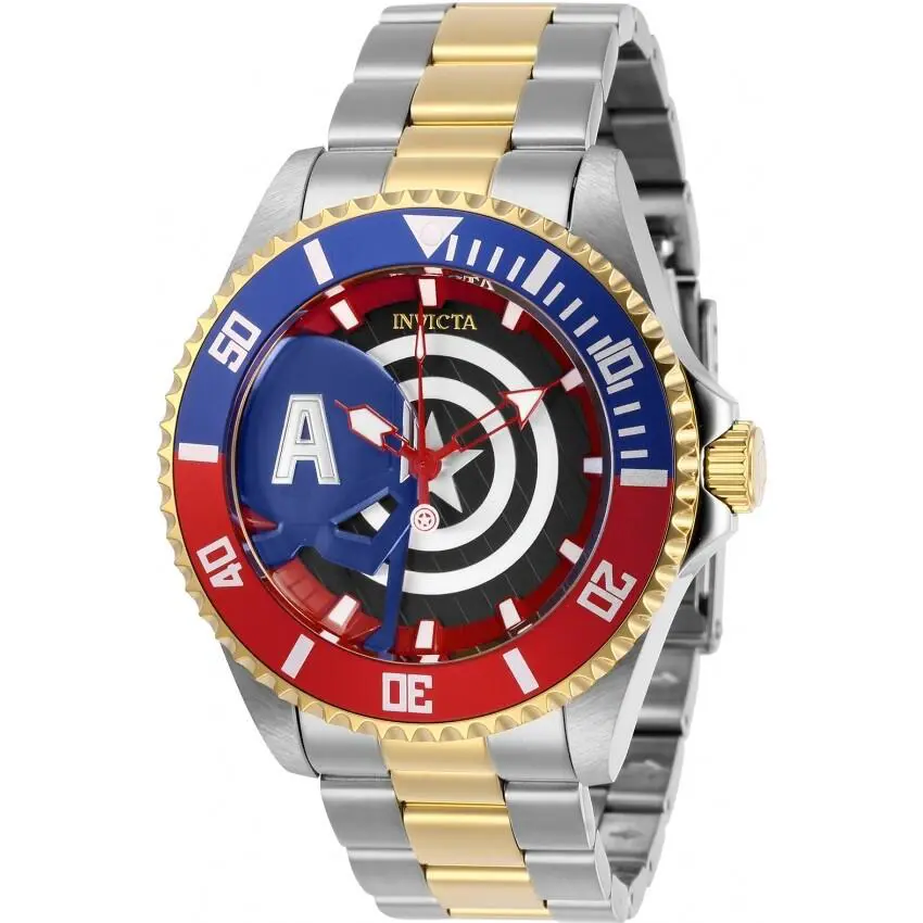 Invicta 29682 Men`s Pro Diver 44mm Marvel Captain America Silver Gold TT Watch - Dial: Multicolor, Band: Gold, Silver, Bezel: Blue, Red