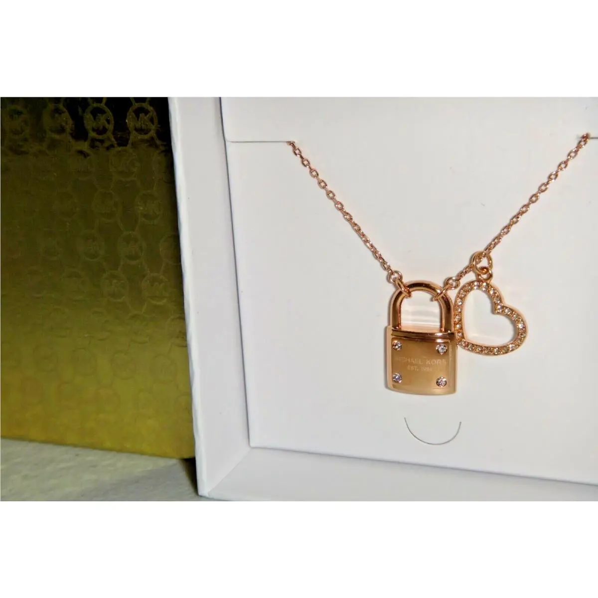 Michael Kors Rose Gold 2-Pendants Necklace Padlock Heart Crystals MKJ7400791+BOX