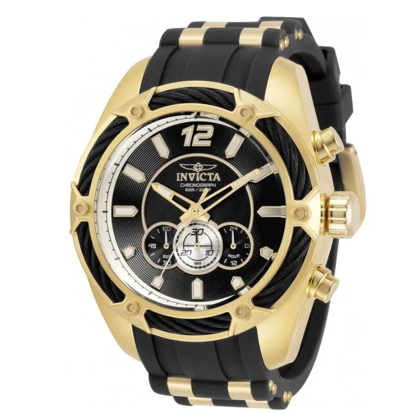 Invicta Bolt Men`s 52mm Black Dial Gold-tone Miyota Chronograph Movement 31446 - Face: Black, Dial: Black, Band: Black, Gold