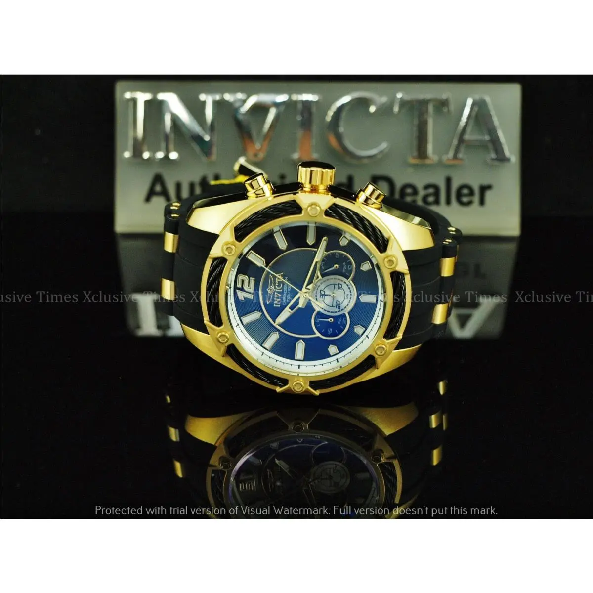 Men`s 52mm Bolt Chronograph 18KGIP Black Polyurethane Strap Watch by Invicta