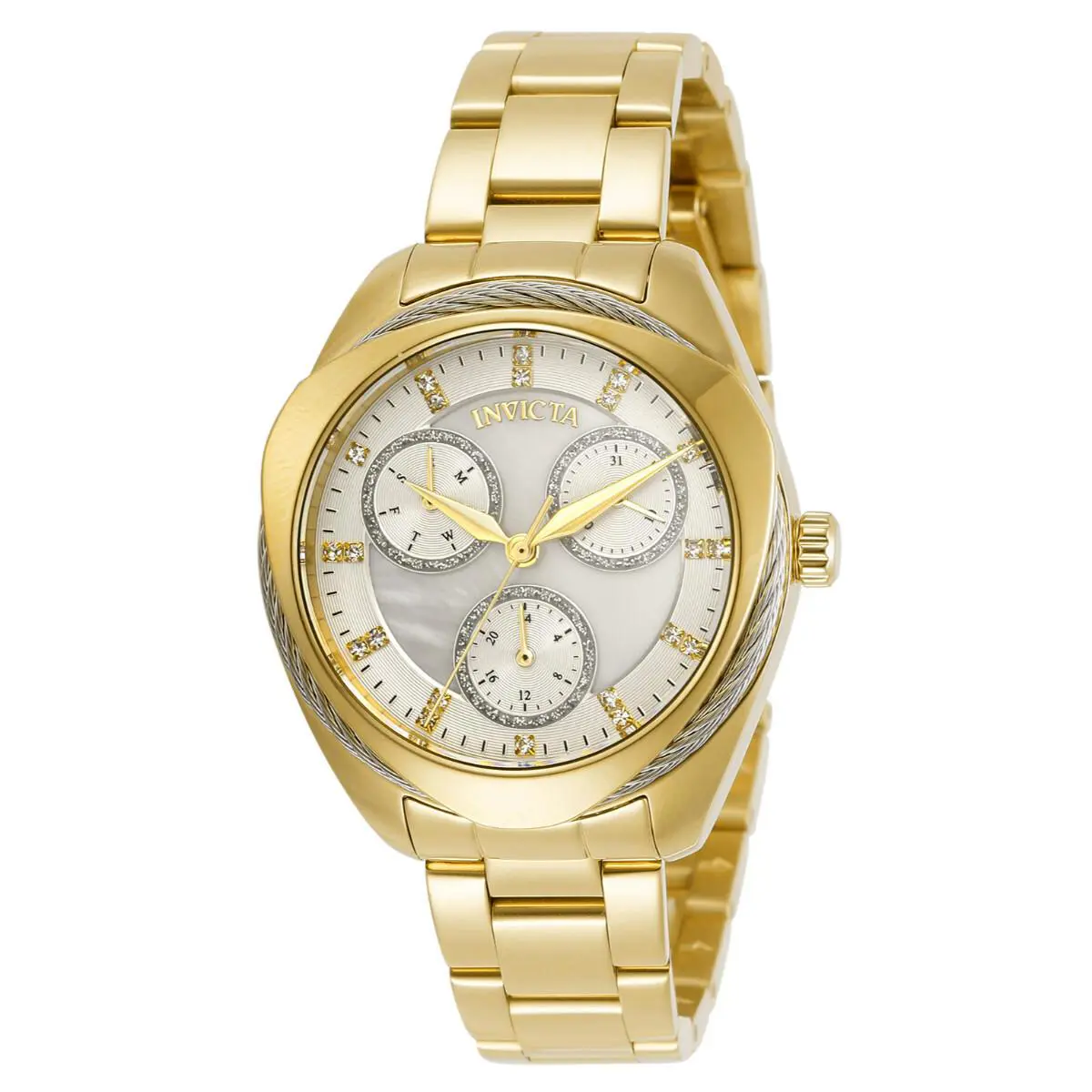 Invicta Bolt Women`s Watch 34mm Quartz Mother of Pearl Dial Gold Tone 100m - Dial: White, Silver