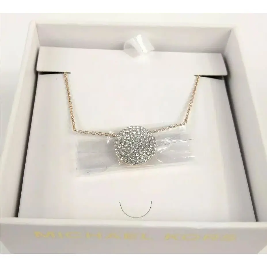 Michael Kors Rose Gold Tone Disc Crystal Pave Pendant Necklace MKJ39097