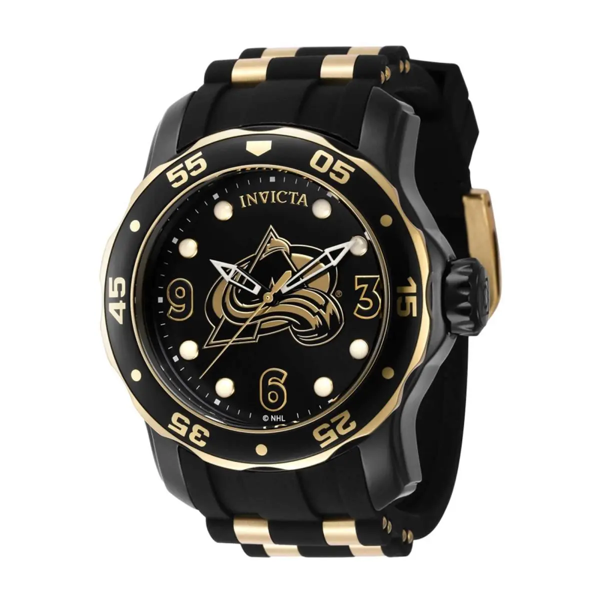 Invicta Men`s Watch Nhl Colorado Avalanche Rotating Bezel Silicone Strap 42323 - Dial: Gold, Black, Band: Yellow, Black