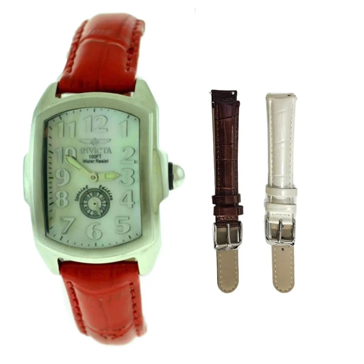 Invicta Baby Lupah Special Edition Red Brown White Leather Womens Watch Set - Dial: White, Band: Brown, Red, White, Bezel: Silver
